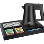 Black hospitality tray with black kettle. The tray shows single use fruit tea and sugar sachets. Items not included unless specified - tray only
