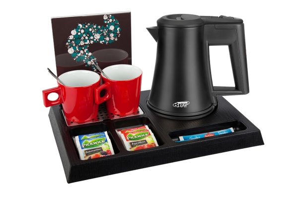 Black hospitality trays bundle with 2 red mugs, spoons inside the mug. The tray shows single use fruit tea and sugar sachets. Items not included unless specified - tray only